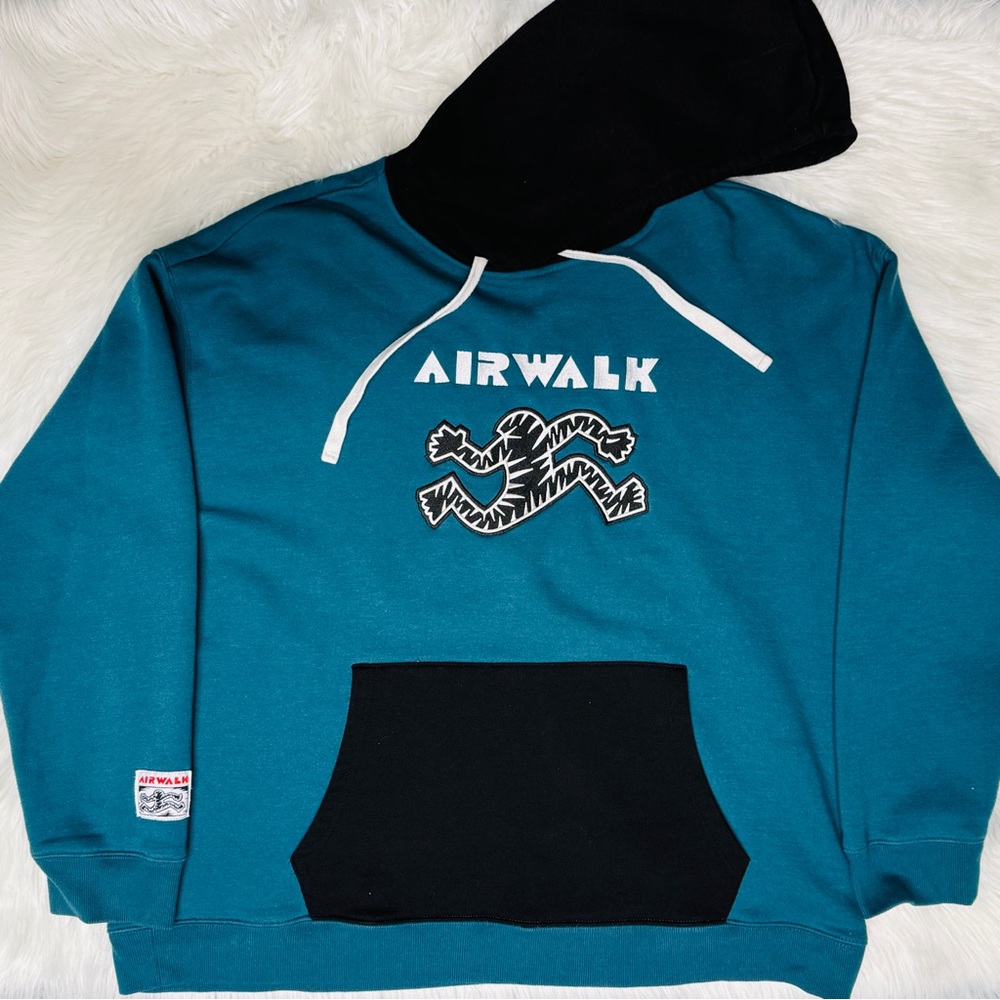 Vintage AIRWALK Running Man Logo Teal & Black Hoodie Sweatshirt - 90s Y2K Skate